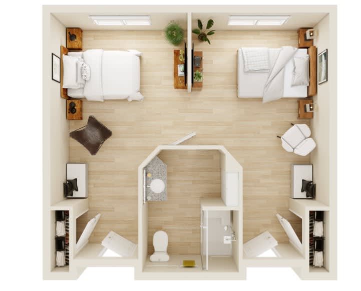 A minimalist floor plan showcasing a bedroom with two beds, modern decor, and an efficient furniture layout.