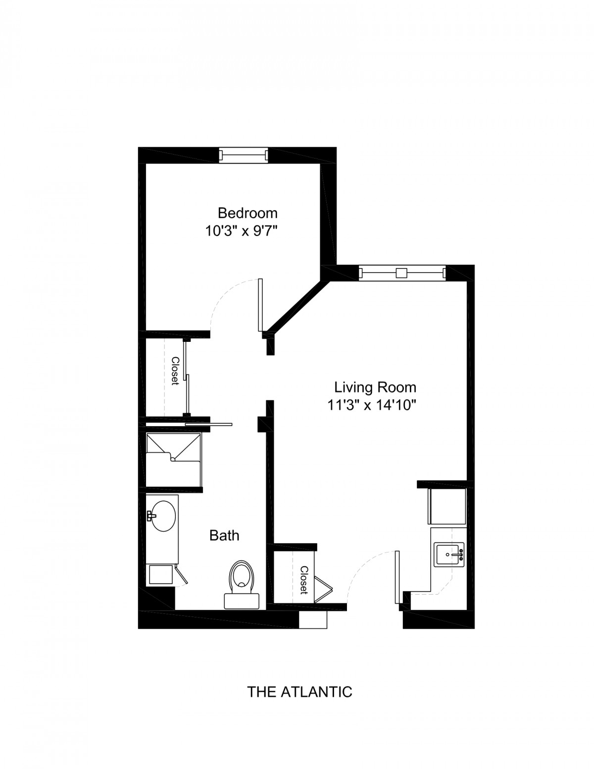 A floor plan depicting a one-bedroom apartment with a living room and bathroom.