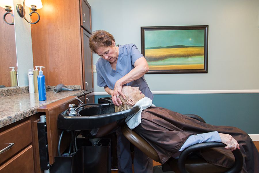 A stylist washes an elderly person's hair in a salon setting.