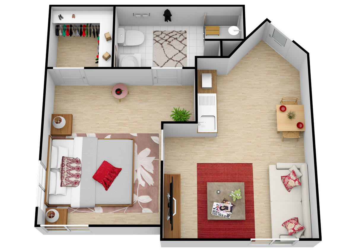 A detailed floor plan of a one-bedroom apartment featuring a living room, kitchen, bedroom, and bathroom.