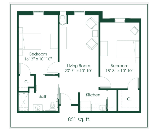 Floor plan of an 851 sq. ft. two-bedroom apartment.