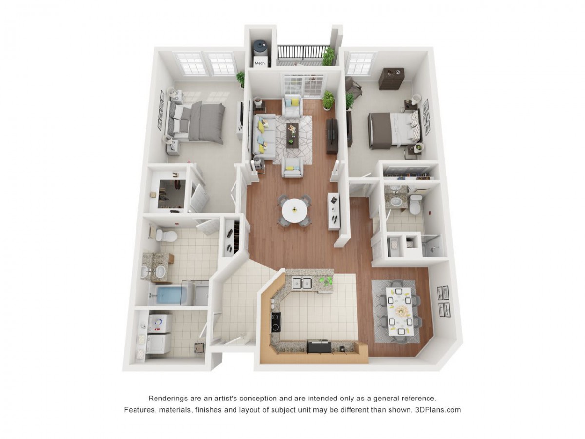 3D floor plan of a modern apartment featuring two bedrooms, a kitchen, and living area.