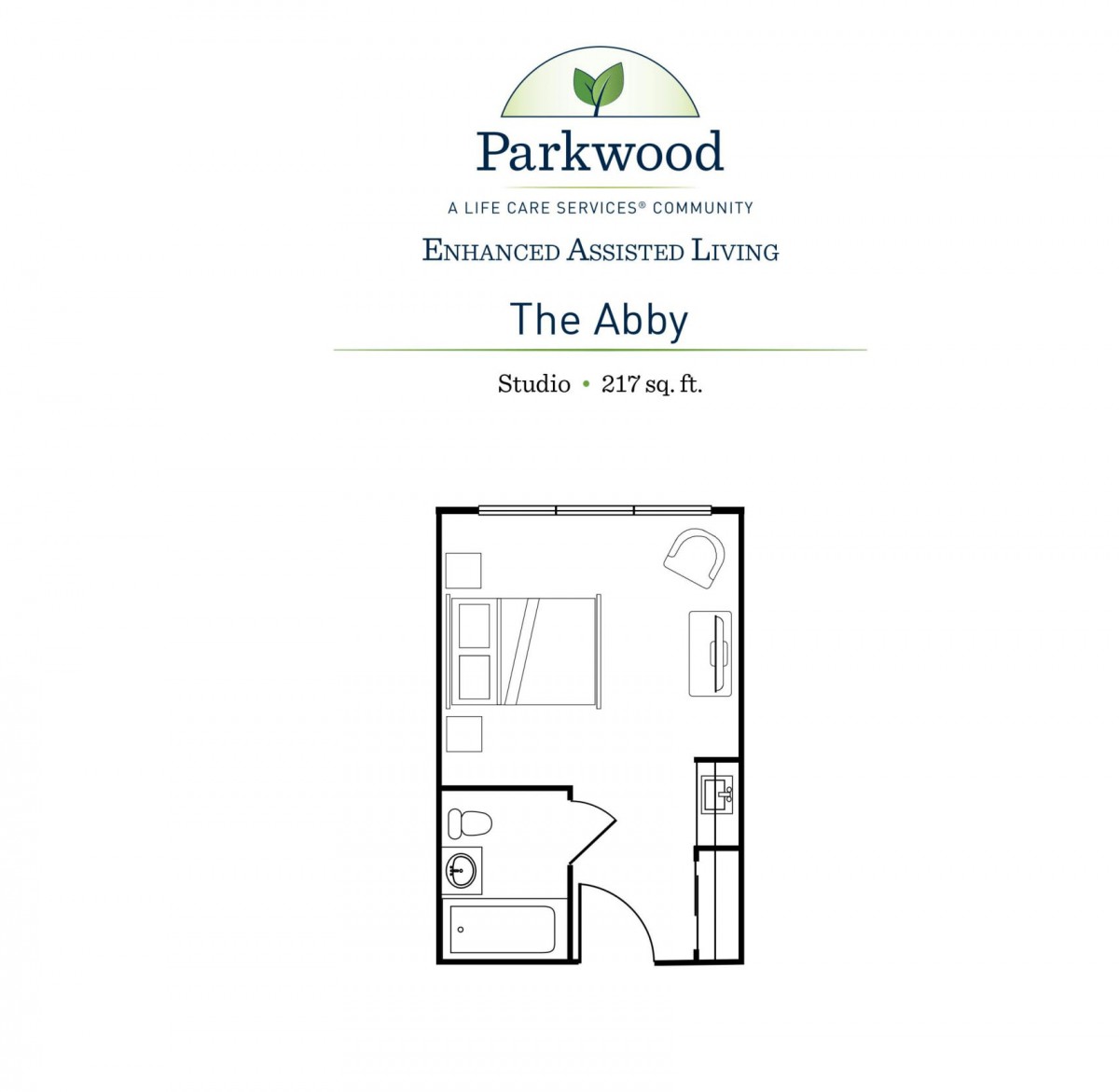 Studio apartment floor plan for 'The Abby' at Parkwood.