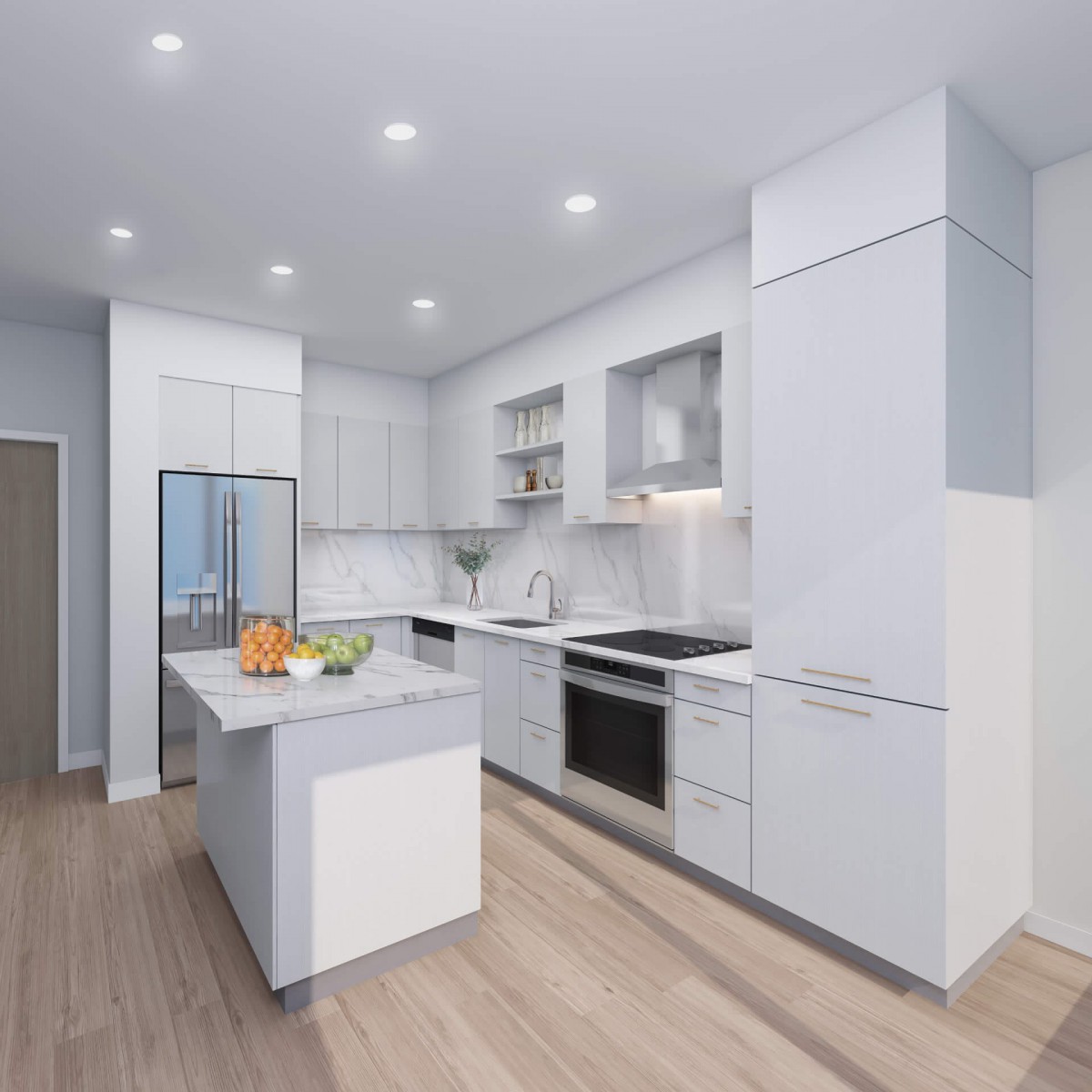 A modern kitchen with white cabinetry, a central island, and sleek appliances.