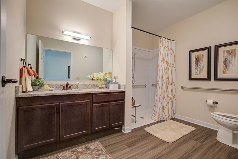 A modern bathroom featuring a dark wood vanity with dual sinks, a large mirror, and a walk-in shower with a patterned curtain.