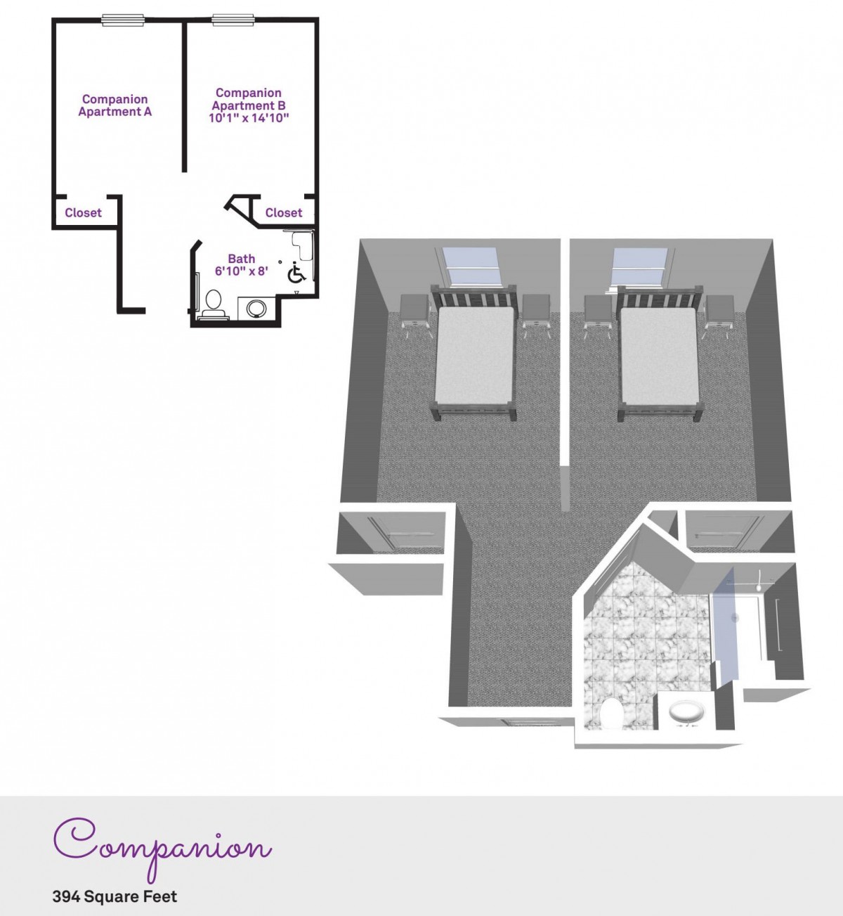 A 2D and 3D floor plan layout of a residential space featuring two bedrooms and one bathroom.