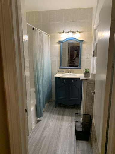 A modern bathroom featuring a sink with a blue cabinet, a mirror, and a shower area.