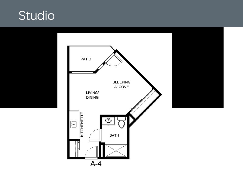 This is a floor plan of a studio apartment, showcasing the layout of the living area, kitchen, and bathroom.