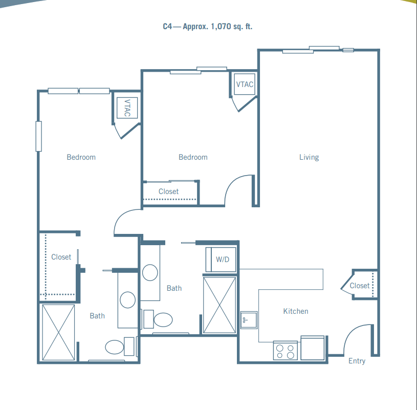 A floor plan of a two-bedroom apartment featuring a living room, kitchen, and two bathrooms.
