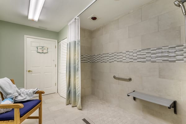 An accessible bathroom with a walk-in shower, handrails, and a shower chair.