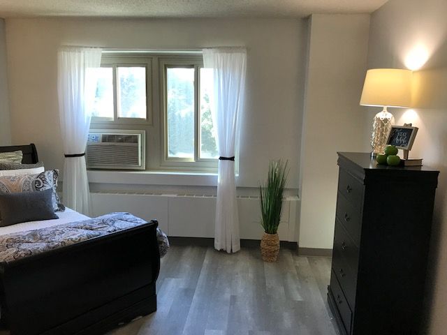 Cozy bedroom with natural light and modern decor.