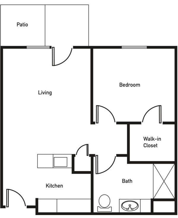 A floor plan of a one-bedroom apartment featuring a living room, kitchen, bathroom, walk-in closet, and patio.