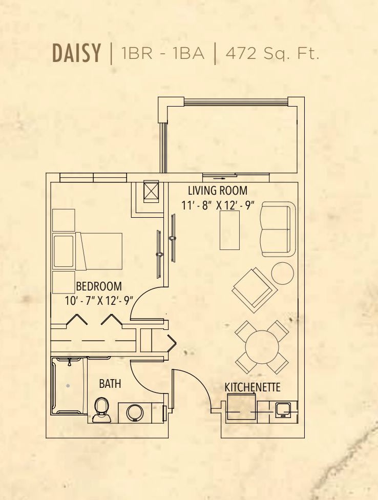 A floor plan of a one-bedroom apartment featuring a living room, kitchenette, and bathroom.