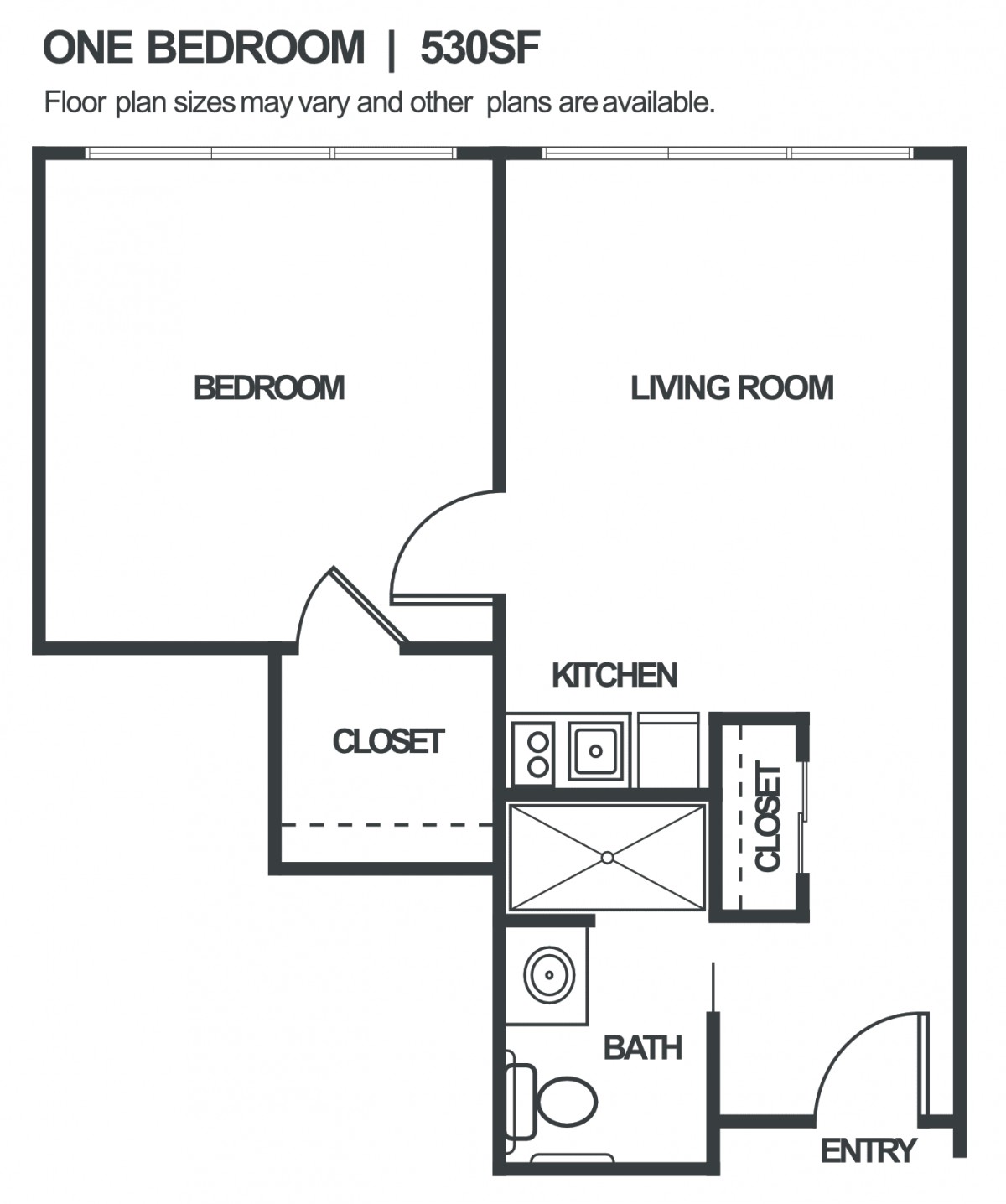 One-bedroom apartment floor plan with living room, kitchen, and bathroom.