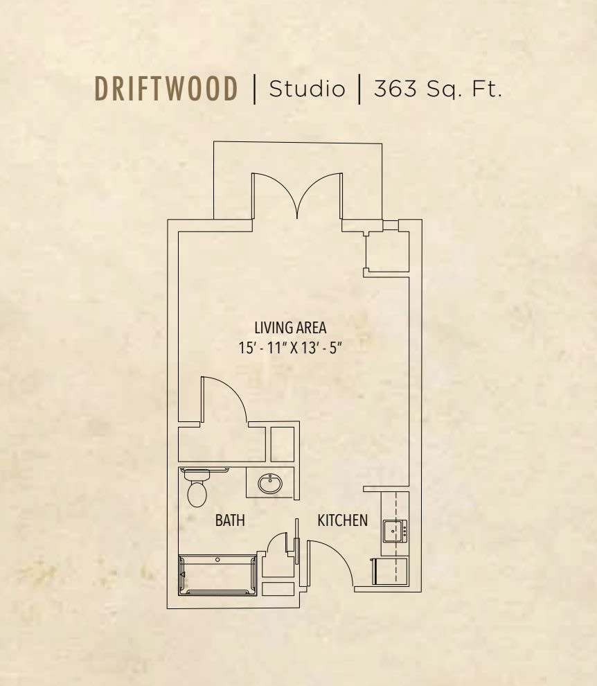 Floor plan of the Driftwood studio apartment, measuring 565 square feet.