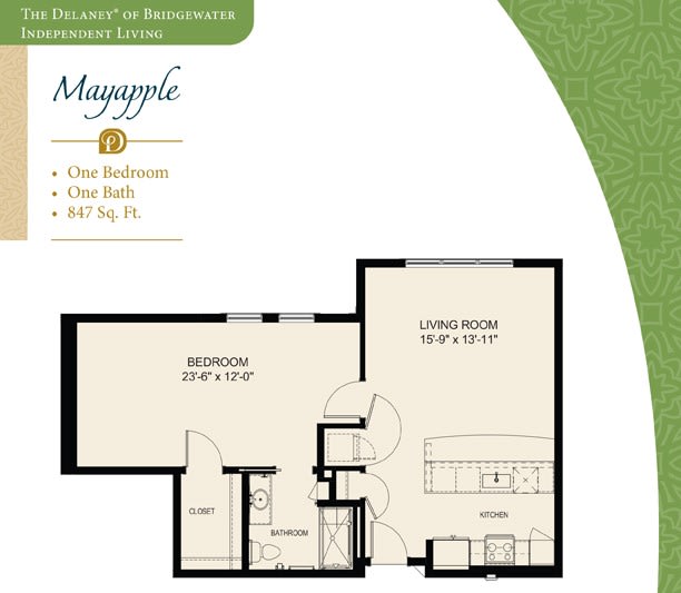 One-bedroom apartment floor plan with dimensions and layout.