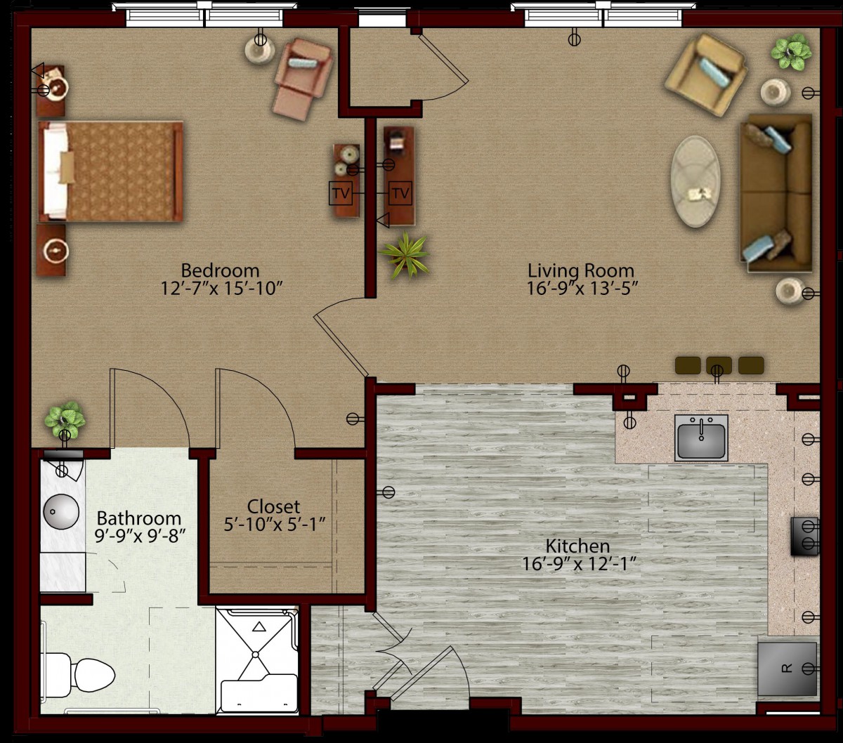 A detailed floor plan of an apartment, showing a bedroom, bathroom, kitchen, and living room layout.