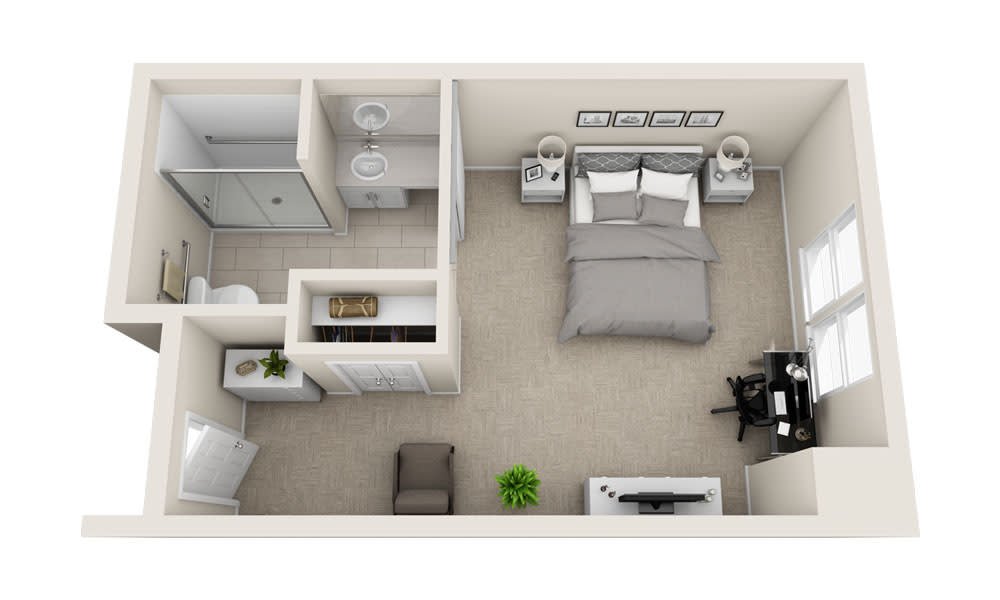 A top-down view of a one-bedroom apartment layout showcasing the bedroom, bathroom, and furniture placement.