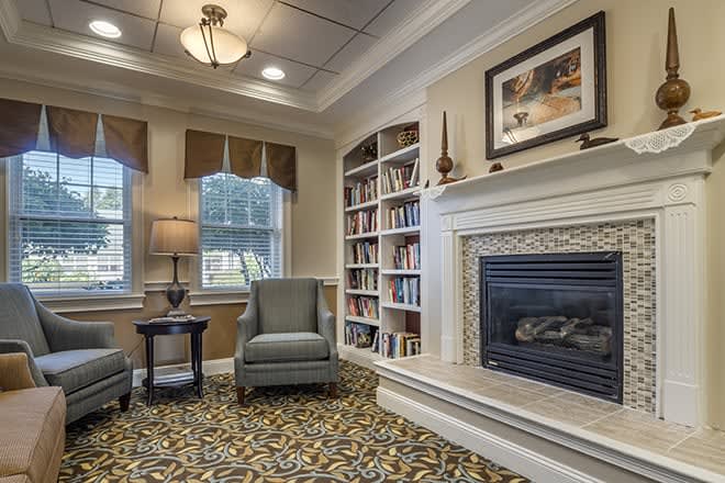 Cozy living room with a fireplace and bookshelves.