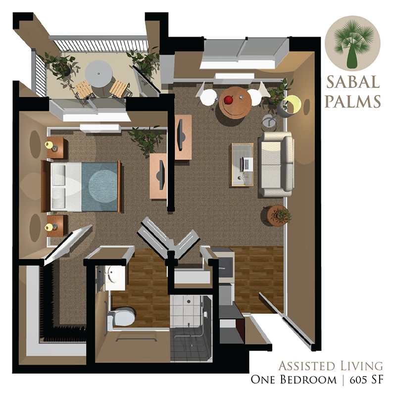 Floor plan of a one-bedroom assisted living apartment at Sabal Palms.