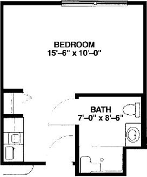 Floor plan featuring a bedroom and bathroom layout.