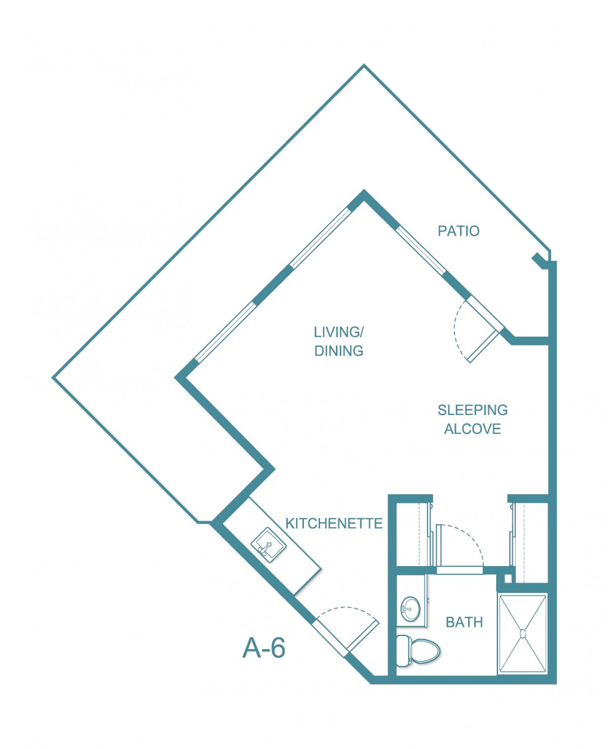 Floor plan of a studio apartment with living/dining area, kitchen, bathroom, and balcony.