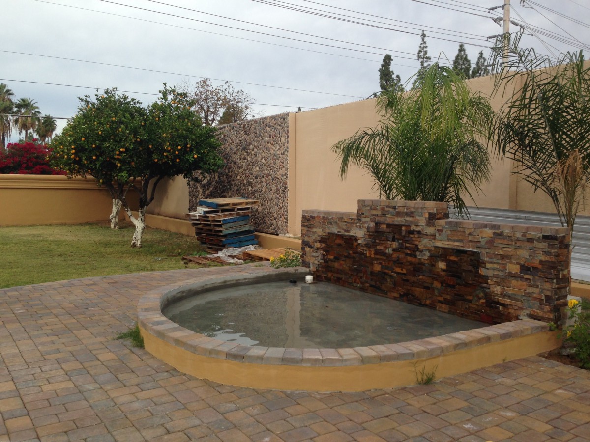 A garden with a water feature and landscaping.