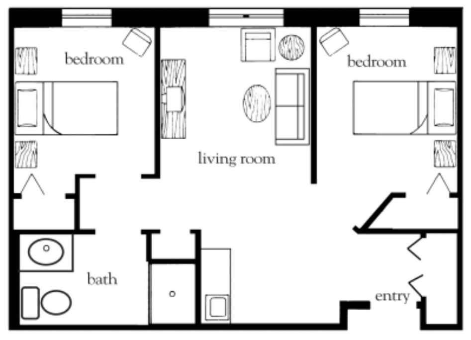 A floor plan showing a two-bedroom apartment with a living room, kitchen, and bathroom.