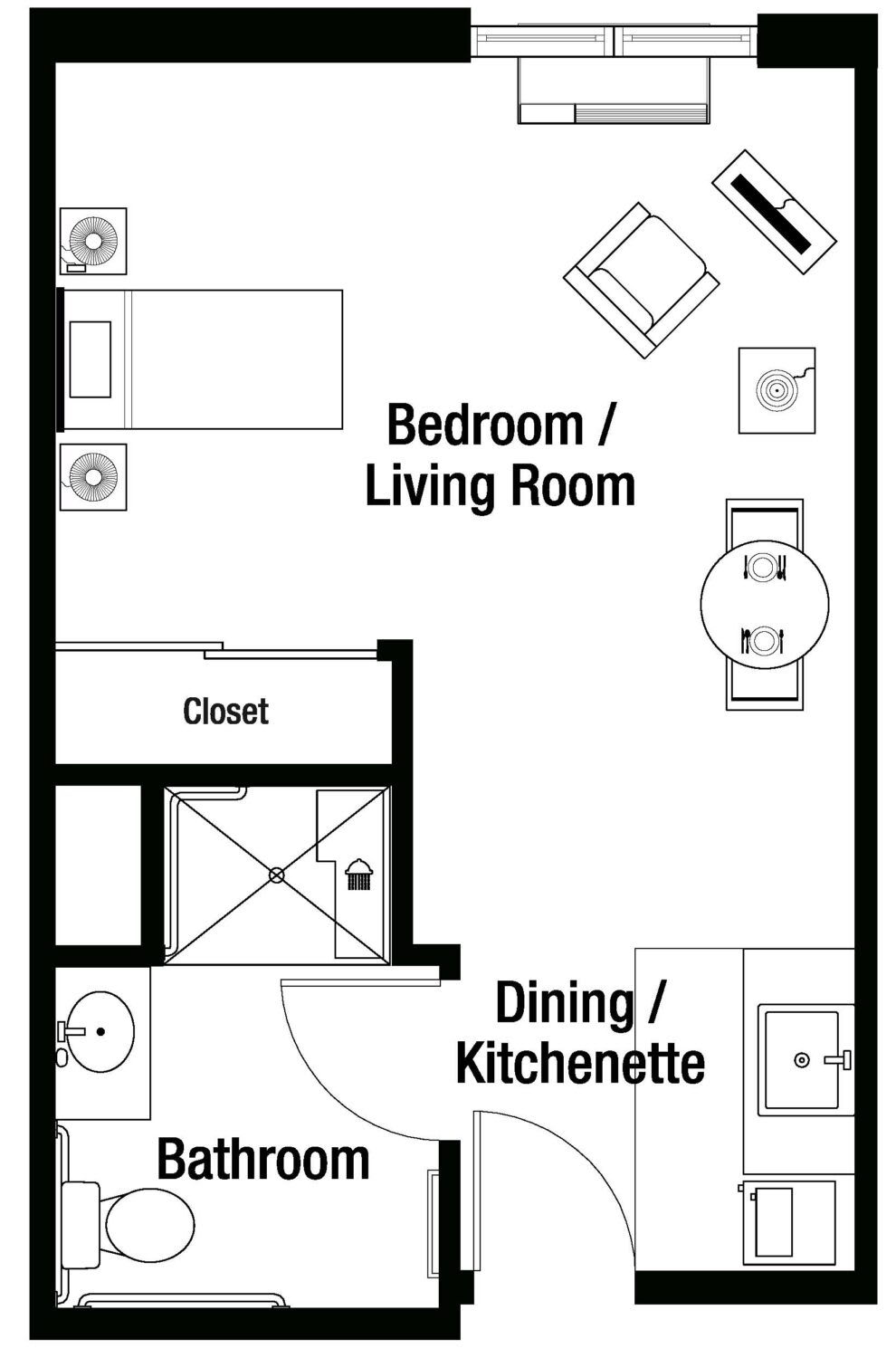 Floor plan of a studio apartment with combined bedroom and living room, dining area, and kitchenette.