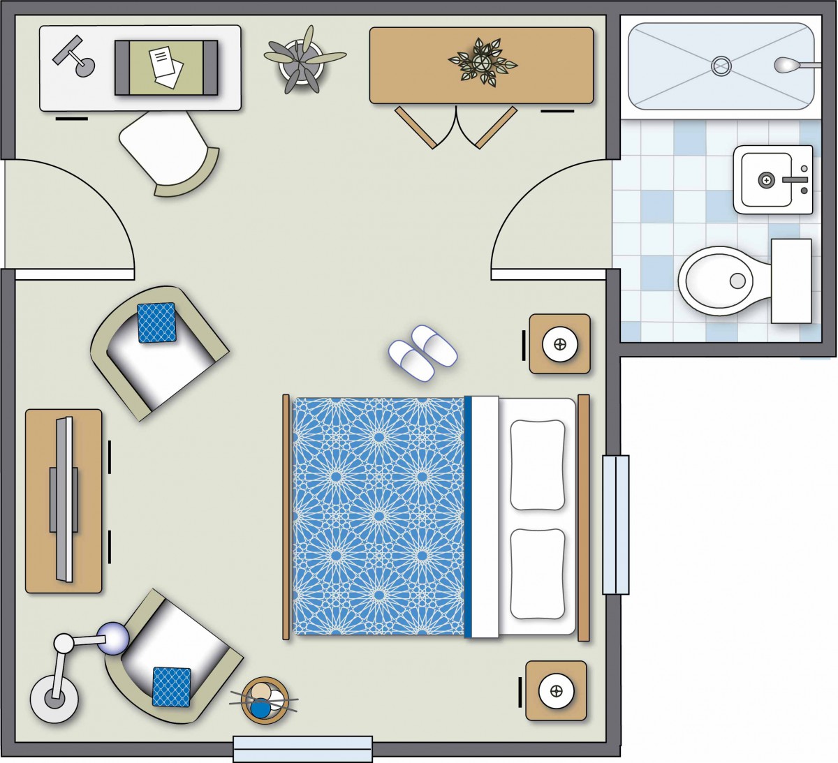 A floor plan featuring a bedroom with an attached bathroom and arranged furniture.