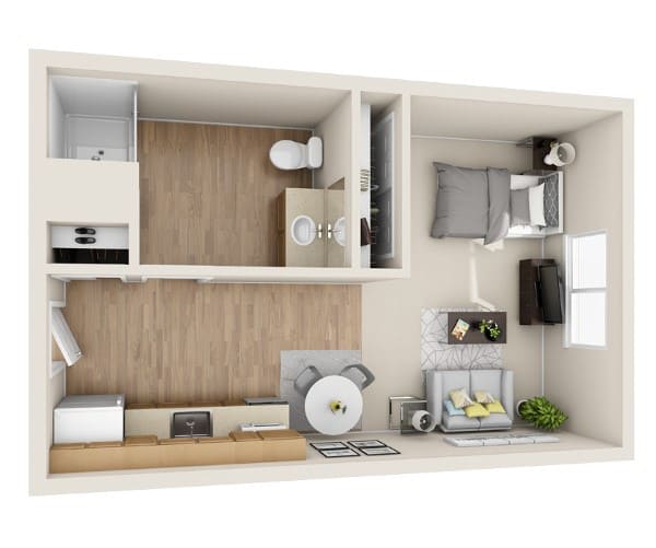 A detailed floor plan of a compact one-bedroom apartment featuring a living area, kitchen, and bathroom.
