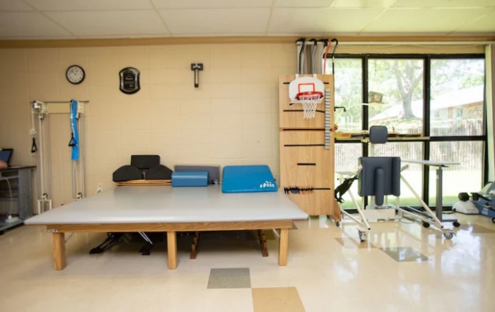A physical therapy room equipped with rehabilitation tools and an exercise mat.