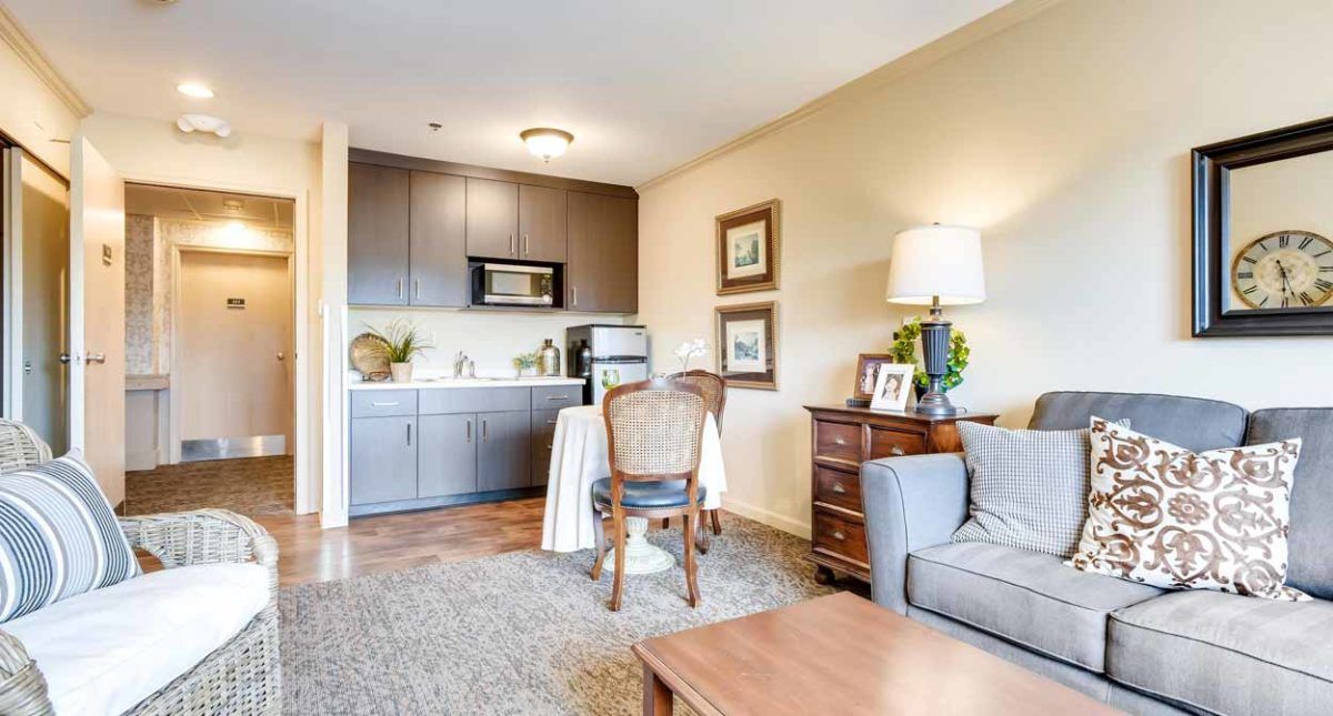 A cozy and modern apartment living room with a kitchenette.