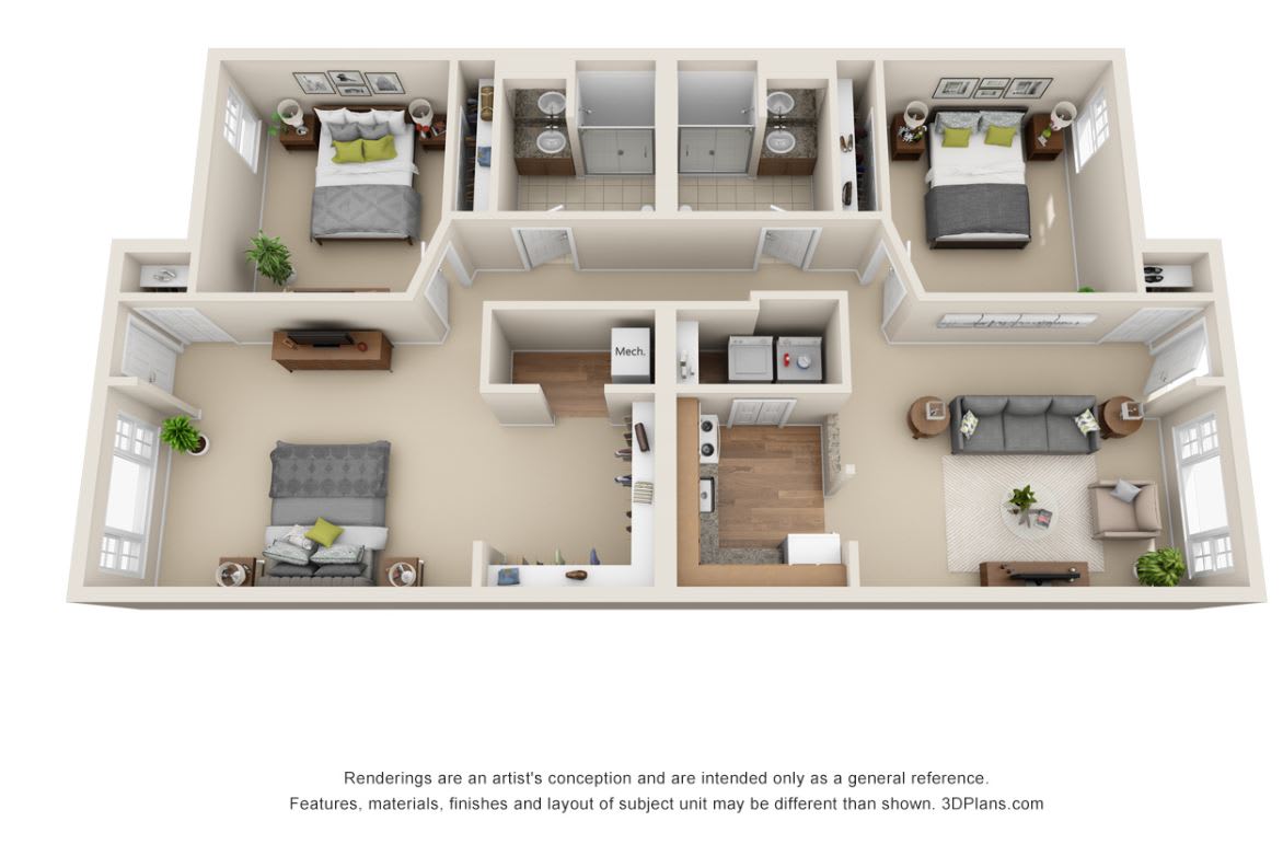 3D rendered floor plan of an apartment featuring multiple bedrooms, a living room, and a kitchen.
