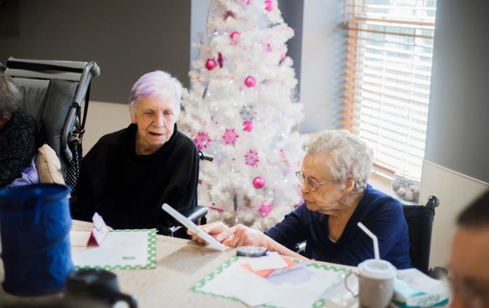 Two elderly women engage in conversation at a table with a decorated Christmas tree in the background.