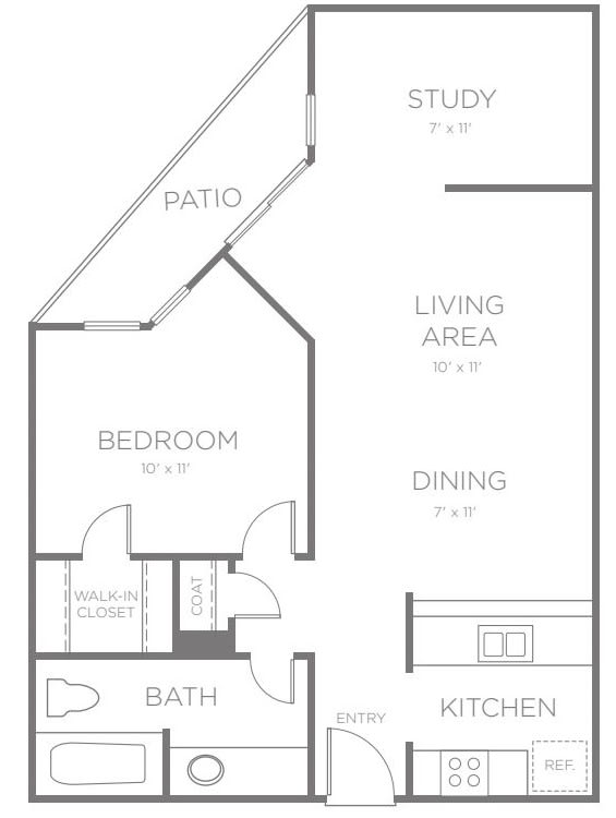 A floor plan showing the layout of a one-bedroom apartment with a living area, dining space, kitchen, bathroom, bedroom, closet, and patio.