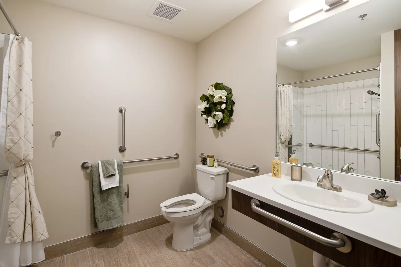 An accessible bathroom with handrails, a toilet, and a sink, featuring a mirror and decorative flowers.