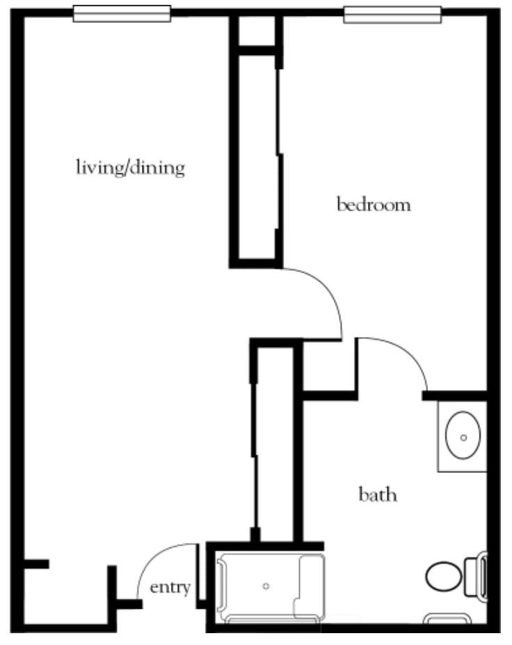 A floor plan showing a one-bedroom apartment with a living/dining area and a bathroom.