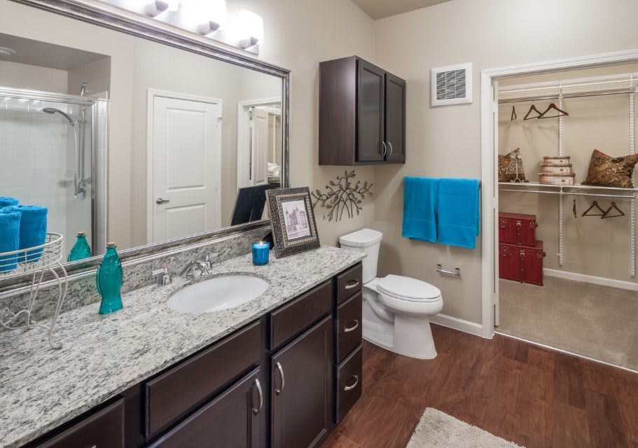 A modern bathroom with granite countertops and elegant cabinetry.