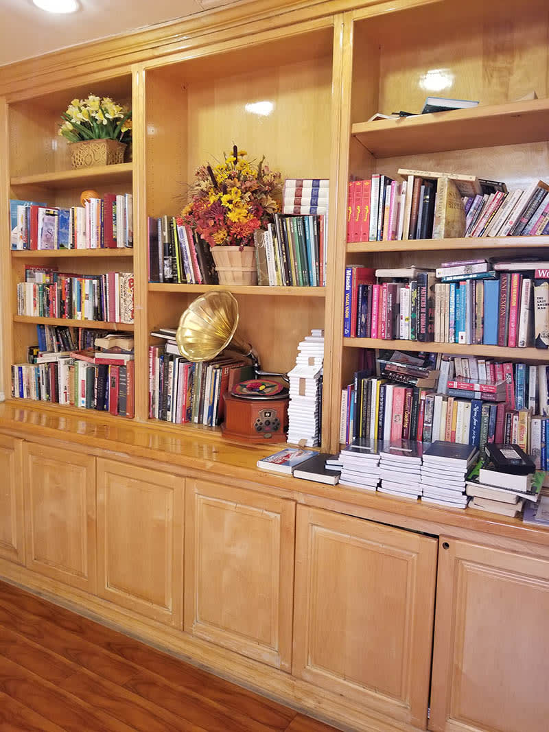 A wooden bookshelf filled with books and a decorative globe, adding charm to the room.