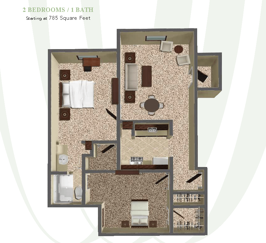 A 2-bedroom, 1-bathroom apartment floor plan layout.
