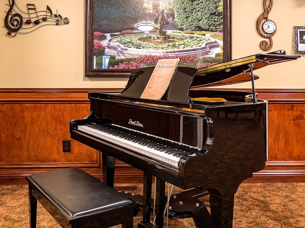 A grand piano elegantly placed in a well-decorated room.