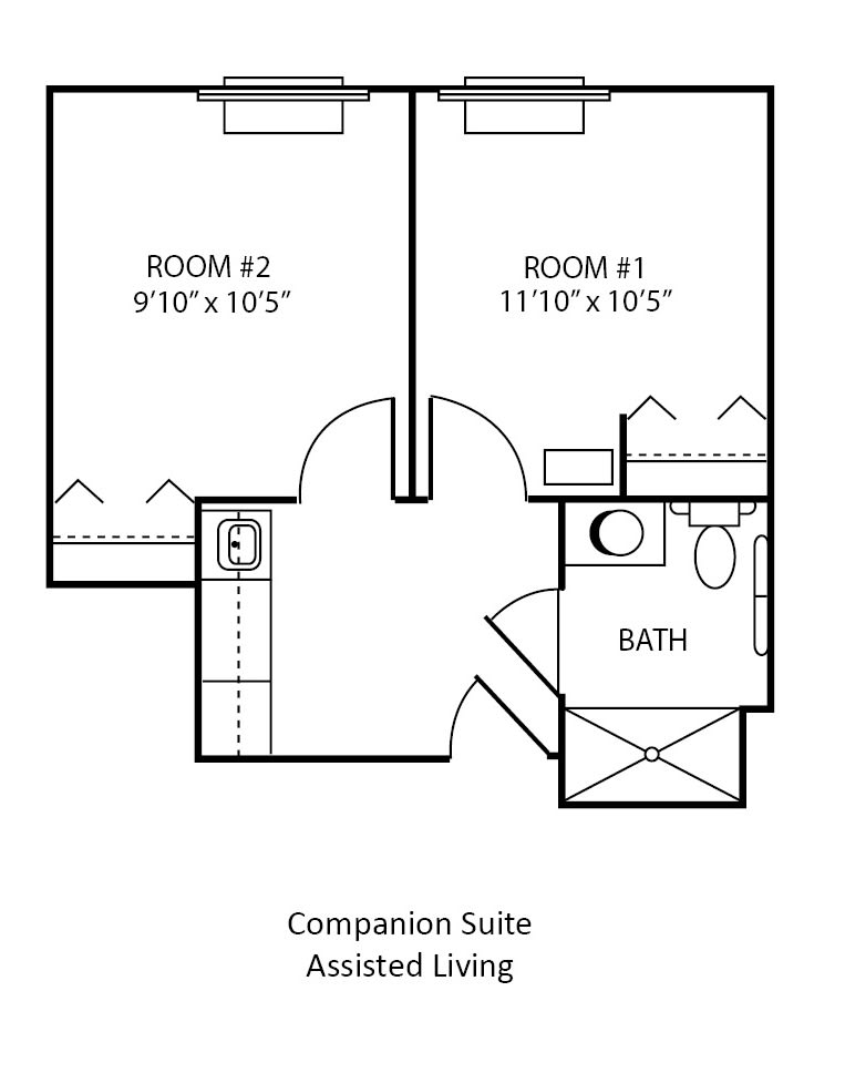 Companion suite floor plan with two rooms and a shared bathroom.