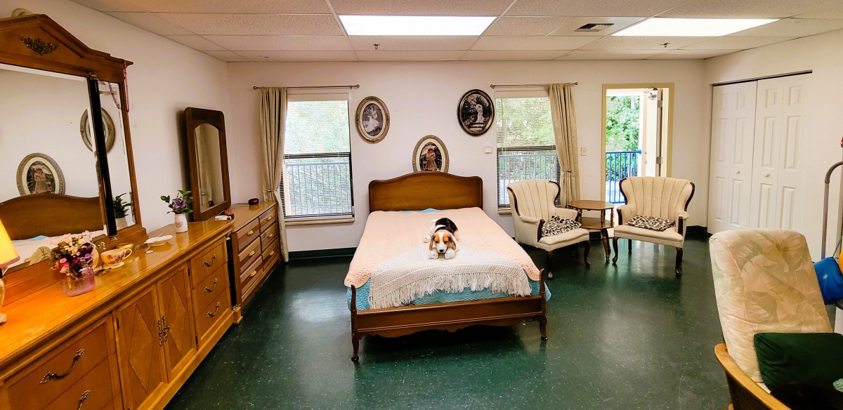 A cozy bedroom with a vintage style, featuring a dog resting on the bed.