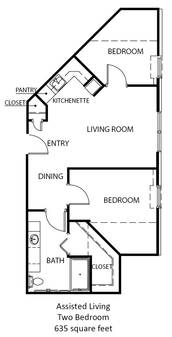 A floor plan of a one-bedroom apartment featuring a living room, dining area, kitchenette, bedroom, closet, and bathroom.