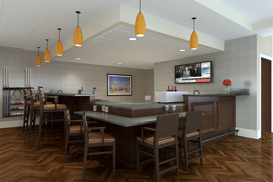 A modern bar and restaurant interior with stylish lighting, ample seating, and a television for entertainment.