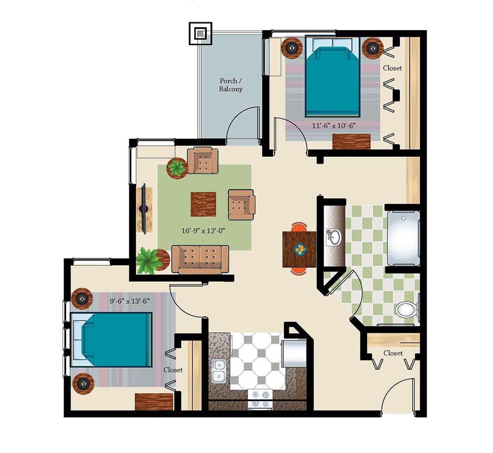 A floor plan depicting a two-bedroom apartment layout with a living room, kitchen, and bathroom.