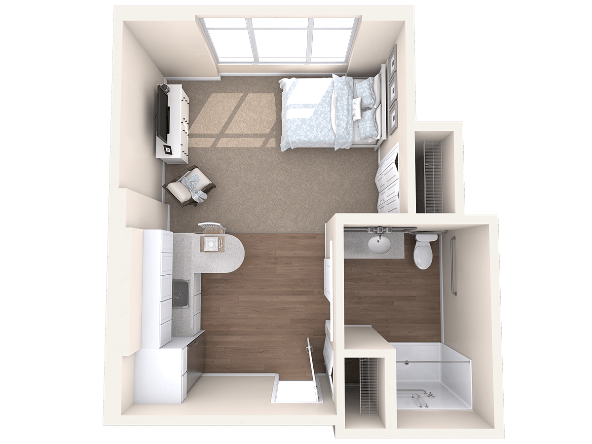 A floor plan of a small studio apartment featuring a combined living and sleeping area, kitchenette, and bathroom.