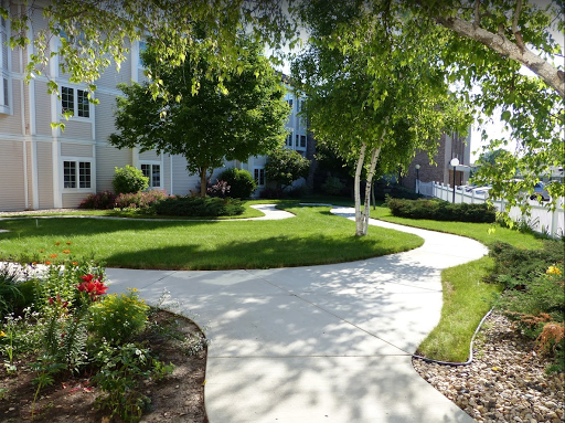 A serene pathway meandering through a well-maintained garden with lush greenery and trees.