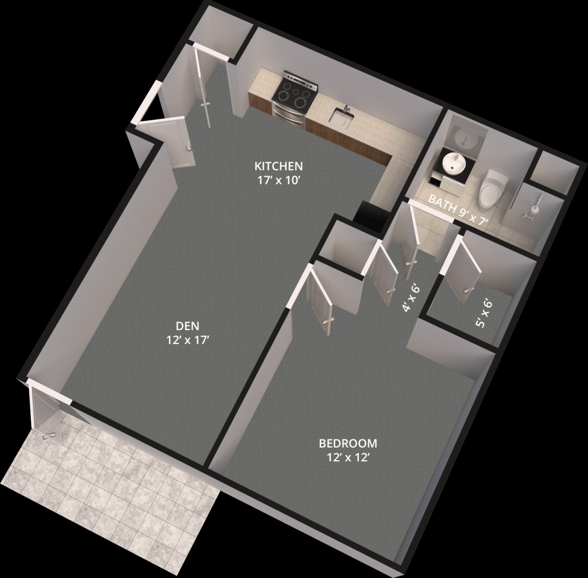 A 3D floor plan of a one-bedroom apartment showcasing the layout with labeled room dimensions.